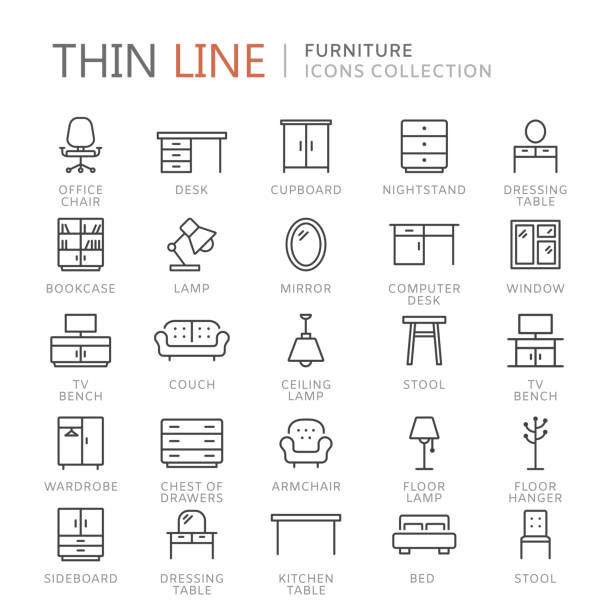 koleksi ikon garis tipis furnitur - meja mebel ilustrasi stok