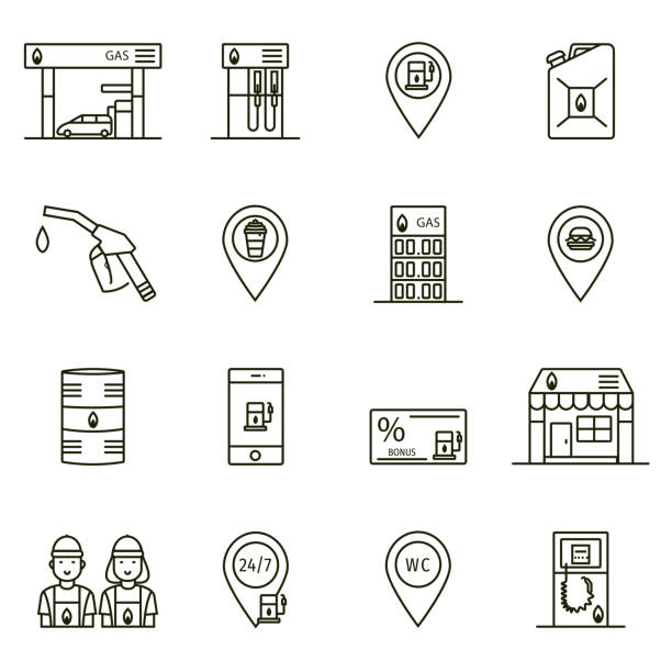 Collection of gas station service thin outline icons: filling station, petrol pump, map pointer, fuel can and nozzle, oil tank, shop symbol, bonus card, wc pictogram. Collection of gas station service thin outline icons: filling station, petrol pump, map pointer, fuel can and nozzle, oil tank, shop symbol, bonus card, wc pictogram. gas pump stock illustrations