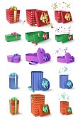 Collection of gift boxes isolated on white background. Gift boxes with bows in red, blue, purple, green, orange colors. Merry Christmas and Happy New Year 2021. Vector illustration