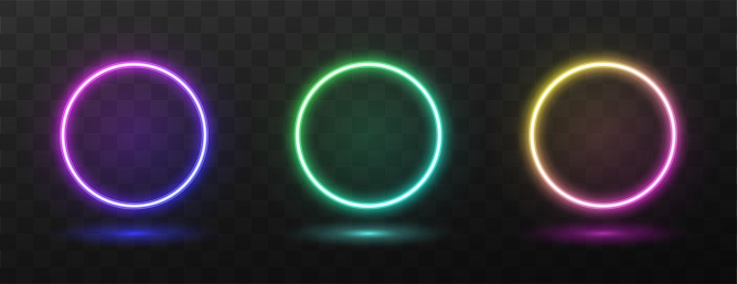 Collection of glowing gradient neon circle frames on dark background with copy space. Vector isolated illustration.