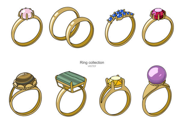 stockillustraties, clipart, cartoons en iconen met inzameling van gouden ringen met edelstenen. vector. - diamant ring display