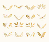 Collection of golden flourish dividers. Hand drawn isolated borders. Foil textured design elements.
