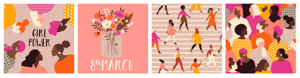 stockillustraties, clipart, cartoons en iconen met inzameling van wenskaart of prentbriefkaartsjablonen met bloemboeket in vaas, bloemenkrans, feminismeactivisten en wens van de gelukkige vrouwendag. moderne feestelijke vectorillustratie voor de viering van 8 maart. - womens day poster
