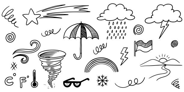 Collection of hand drawn doodle weather icons isolated on white background. Collection of hand drawn doodle weather icons isolated on white background. rain drawings stock illustrations