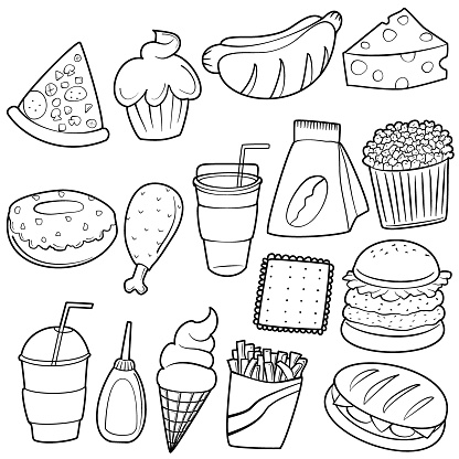 Collection of hand drawn junk food doodle