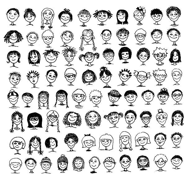 Collection of hand drawn kids' faces Collection of black and white hand drawn kids' faces avatar drawings stock illustrations