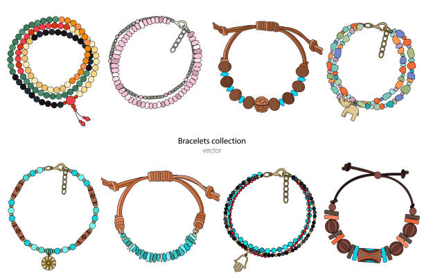 Collection of handmade bracelets in ethnic style. Collection of handmade bracelets in ethnic style. Color vector illustration isolated on a white background. bracelet stock illustrations