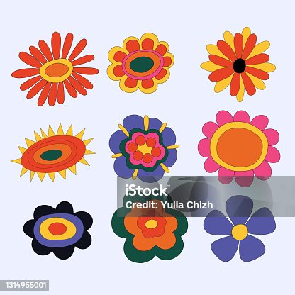 istock collection of hippie flowers. vintage vector wildflowers.Funky and groove isolated plant elements.Plants of the 60s and 70s.Naive childish style by hand.Open-air flower festival.Forget-me-not, daisy. 1314955001