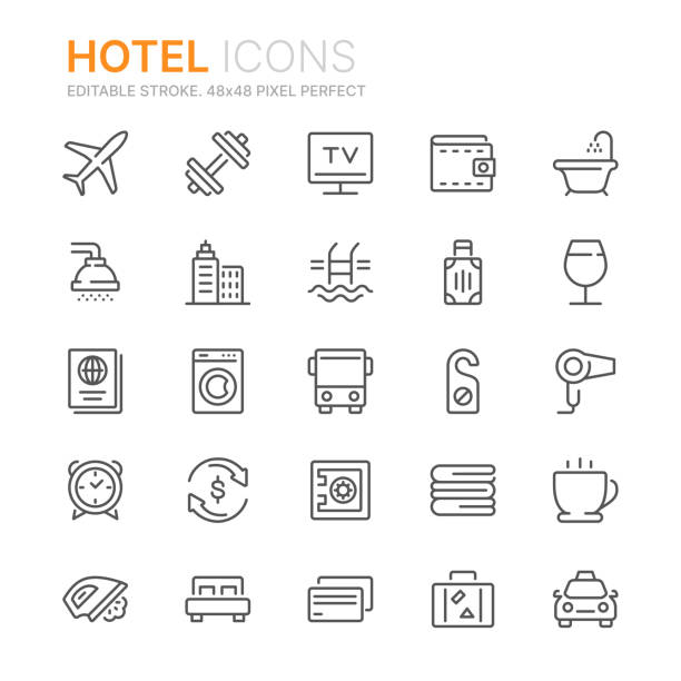 sammlung von hotelzeilen-icons. 48x48 pixel perfect. bearbeitbare schlaganfälle - fitnesseinrichtung stock-grafiken, -clipart, -cartoons und -symbole