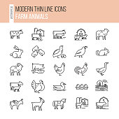 Vector set of farm animals icon set. Collection of illustrations in line style, well-drawn and isolated on white background.