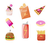 Unhealthy food, a set of eight elements of improper nutrition - burgers, fries, pizza, chips, soda, ice cream, donuts and cake.  Colored flat vector illustration isolated on white background