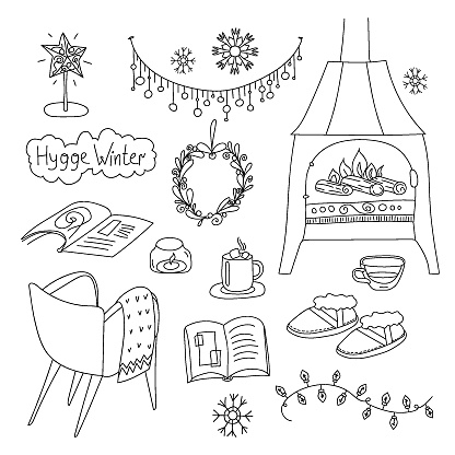Collection of linear objects of the cozy home Hyugge Winter Decorations, fireplace, candle and comfortable armchair. Christmas and New Year holidays and relaxation. Hand drawn line art line illustration for your design. Isolated on white backgroun