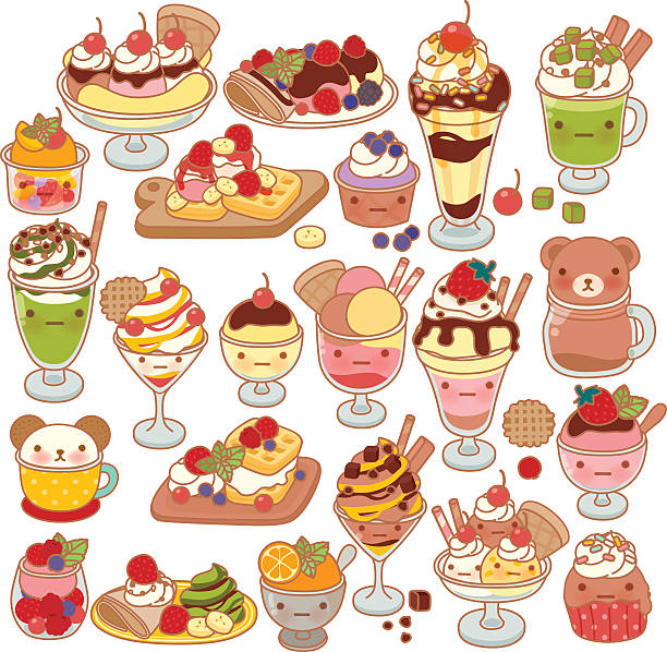 illustrations, cliparts, dessins animés et icônes de collection de lovel sweet dessert doodle icône, crème glacée mignonne - verrines