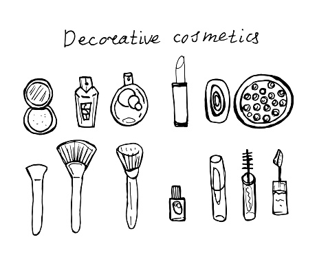 Collection of luxury makeup products. Doodle illustration.