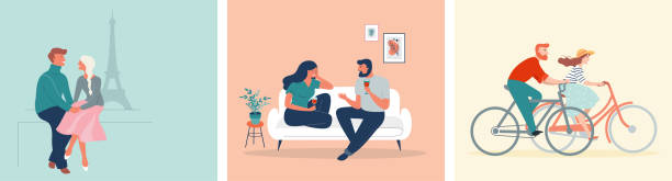 Collection of man and woman cartoons - romantic couple dating. Couples sitting at home or in a coffee shop walking Paris or riding bikes. Flat cartoon colorful vector illustrations Collection of man and woman cartoons - romantic couple dating. Couples sitting at home or in a coffee shop walking Paris or riding bikes. Flat colorful vector illustrations couple relationship stock illustrations