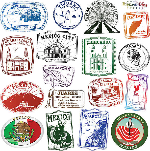 collection of mexican landmark stamps - tijuana stock illustrations