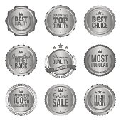 Collection of modern, silver circle metal badges, labels and design elements. Vector illustration.