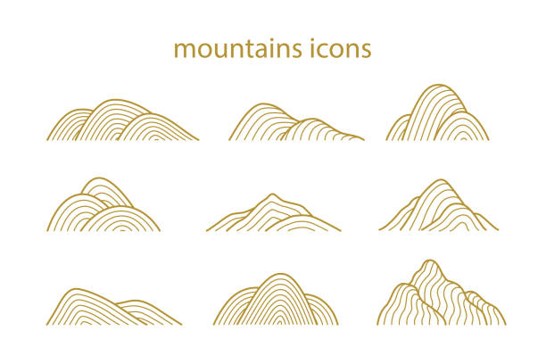 stockillustraties, clipart, cartoons en iconen met inzameling van pictogrammen van bergvormen die op witte achtergrond worden geïsoleerd. - heuvel