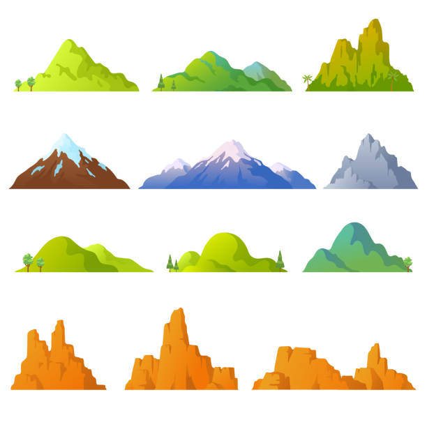 만화 스타일의 산의 컬렉션입니다. 벡터 산 봉우리 흰색 배경에 고립. 바위 풍경입니다. 사막 절벽. 언덕과 배경입니다. 디자인에 대 한 요소입니다. eps 10. - mountain stock illustrations