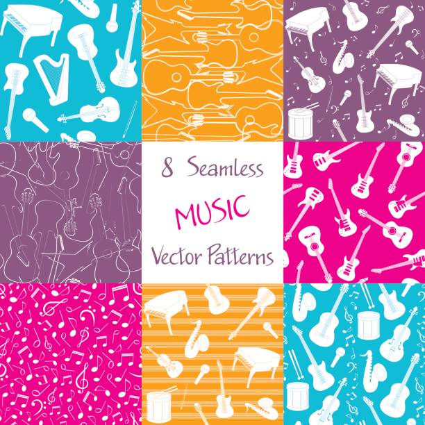 Collection of music seamless patterns Collection of seamless patterns with musical instruments. Colorful repeating vector patterns for background. guitar backgrounds stock illustrations