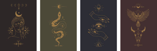 Collection of mystical posters Collection of mystical posters. Esoteric art with snakes, girl, evil eye, hands and moon. Mythological design elements for covers and postcards. Cartoon flat vector set isolated on white background snake head stock illustrations