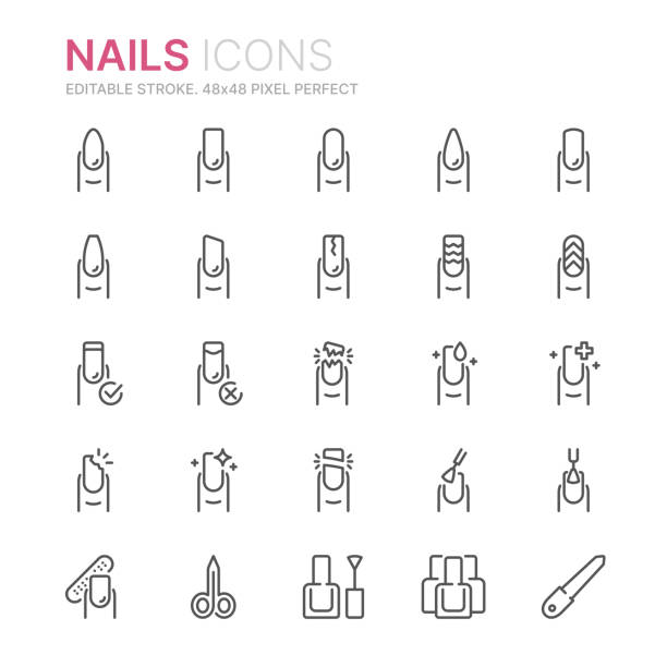 Collection of nails related line icons. 48x48 Pixel Perfect. Editable stroke Collection of nails related line icons. 48x48 Pixel Perfect. Editable stroke nail polish bottle stock illustrations