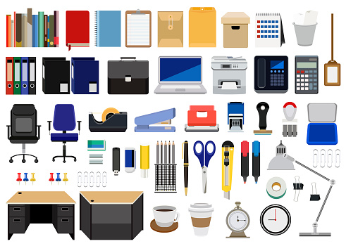 Collection of office stationery, furnitures, and machines isolated on white background