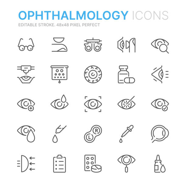 Collection of ophthalmology related line icons. 48x48 Pixel Perfect. Editable stroke Simple Set of Optometry Related Vector Line Icons. Contains such Icons as Eye Exam, Laser Surgery, Eyeball, Glasses and more.Editable Stroke. 48x48 Pixel Perfect. eye icons stock illustrations