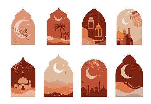 Collection of oriental style Islamic windows and arches with modern boho design, moon, mosque dome and lanterns