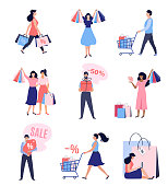 Collection of people with Shopping Bags and Carts. Big sale, up to 50%  Discount, Advertising Banner, promo Poster. Vector illustration.