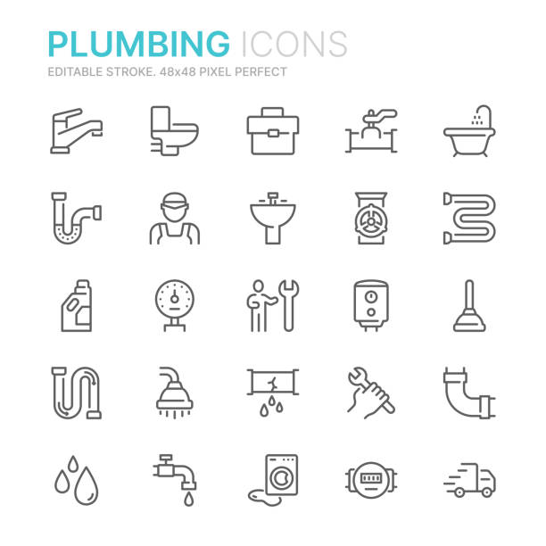 ilustrações de stock, clip art, desenhos animados e ícones de collection of plumbing related line icons. 48x48 pixel perfect. editable stroke - tap