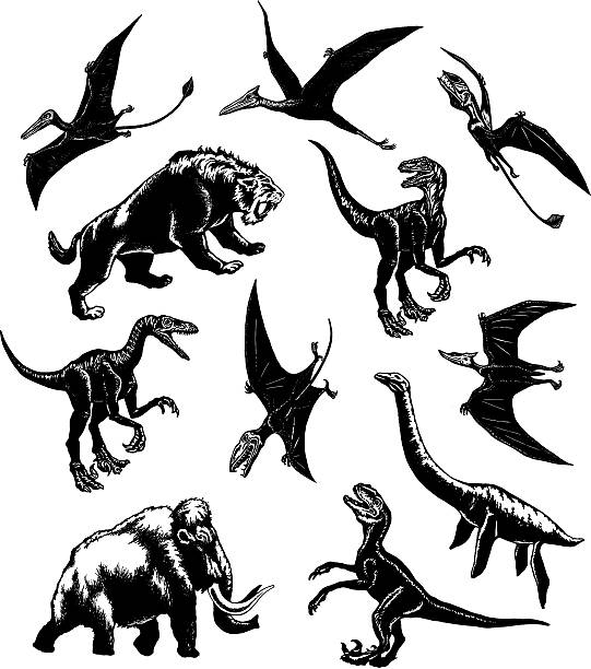 collection of prehistoric animals hand drawn, vector, sketch illustration of collection of prehistoric animals loch ness monster stock illustrations