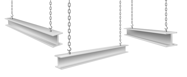 Collection of realistic beams on chains vector illustration straight metal industrial girder pieces