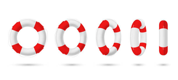 Collection of realistic lifebuoy striped circle with shadow vector rescue life belt marine lifeline Collection of realistic lifebuoy striped circle with shadow vector isometric illustration. Set of various perspectives rescue life belt isolated on white. Survival ring marine equipment lifeline life belt stock illustrations