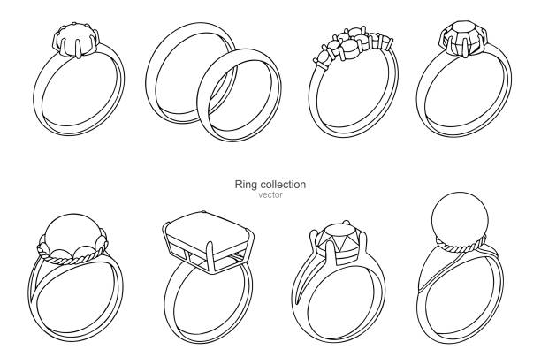 stockillustraties, clipart, cartoons en iconen met inzameling van ringen met edelstenen. contourtekening. vector - diamant ring display