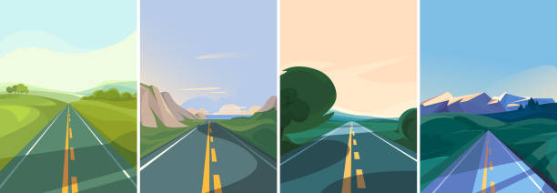 ilustraciones, imágenes clip art, dibujos animados e iconos de stock de colección de carreteras que se extienden hacia el horizonte. - road trip