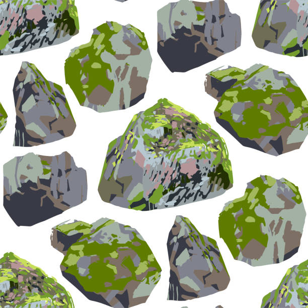 Collection of rocks and stones covered with green moss. Collection of rocks and stones covered with green moss. Vector repeated seamless pattern moss stock illustrations