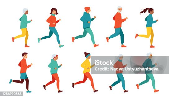 istock Collection of running women and men of different ages and nationalities. Healthy lifestyle, active retired seniors. Morning, evening jogging, city marathon, competitions. Vector illustration 1286990863