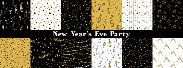 Collection of seamless pattern designs for celebrations , birthday and graduation party. In gold, white and black colors. Vector illustration Collection of seamless pattern designs for celebrations , birthday and graduation party. graduation patterns stock illustrations