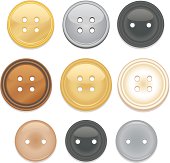 Set of shiny, glossy clothing buttons, sewing buttons in a variety of styles, colors, and 3 sizes. Shiny metallic gold, silver,charcoal grey,bronze or copper, pearlized, beige, pewter. Glass-like reflective buttons.