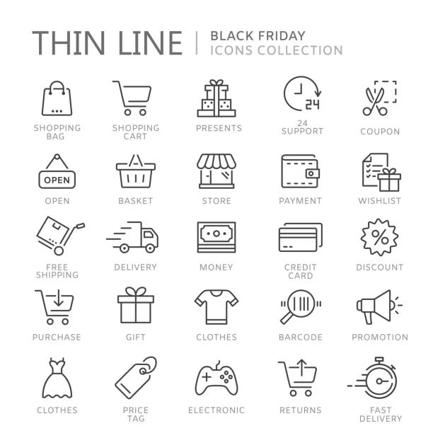 ilustraciones, imágenes clip art, dibujos animados e iconos de stock de colección de los iconos de la delgada línea de compras - black friday shoppers