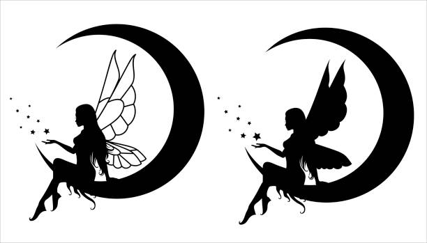ilustraciones, imágenes clip art, dibujos animados e iconos de stock de colección de siluetas de un hada. aislado en blanco. - fairy