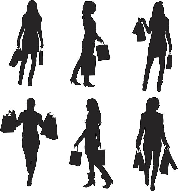 Collection of silhouettes of women shopping Collection of silhouettes of women shopping, isolated on white shopping silhouettes stock illustrations