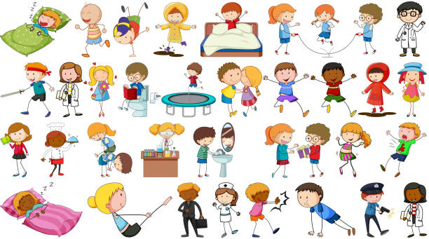 Collection of simple characters Collection of simple characters illustration clip art of kid jumping on trampoline stock illustrations