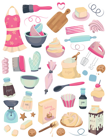 Collection of simple hand drawn vector illustrated doodles of baking tools, ingredients and elements.