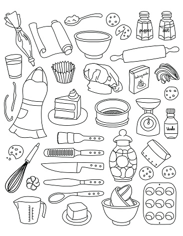 Collection of simple hand drawn vector illustrated doodles of baking tools, ingredients and elements.