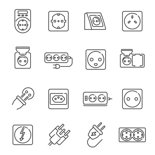 Collection of simple monochrome contour plug socket line icon energy connection electricity device Collection of simple monochrome contour plug socket line icon vector illustration. Set symbols of electrical power adapter equipment consumption connector energy connection electricity device plug adapter stock illustrations