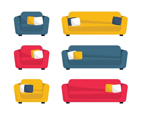 Collection of sofas and armchairs in flat cartoon style. Set of couch. Vector illustration