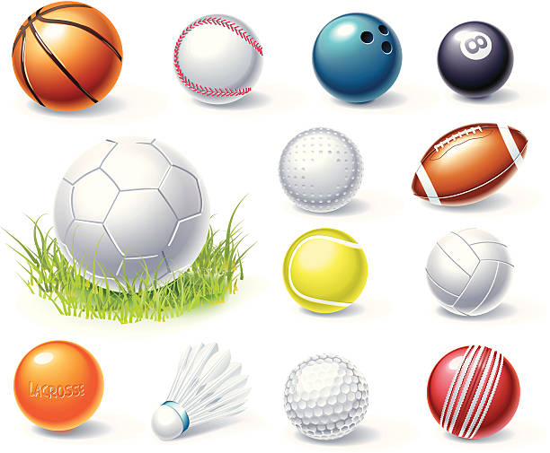 Collection of sports equipment graphics Set of the shiny balls and shuttlecock cue ball stock illustrations