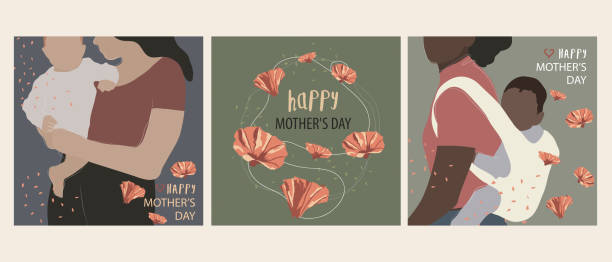 Collection of square mother's day greeting cards with moms holding their babies. Mother's Day greeting cards collection with flowers bouquet, white mom holding a baby in her arms and black mom with baby carrier on backs. Square templates for ads, banners, posters or social media in flat syle. Vectored, suitable to make it vertical. family designs stock illustrations